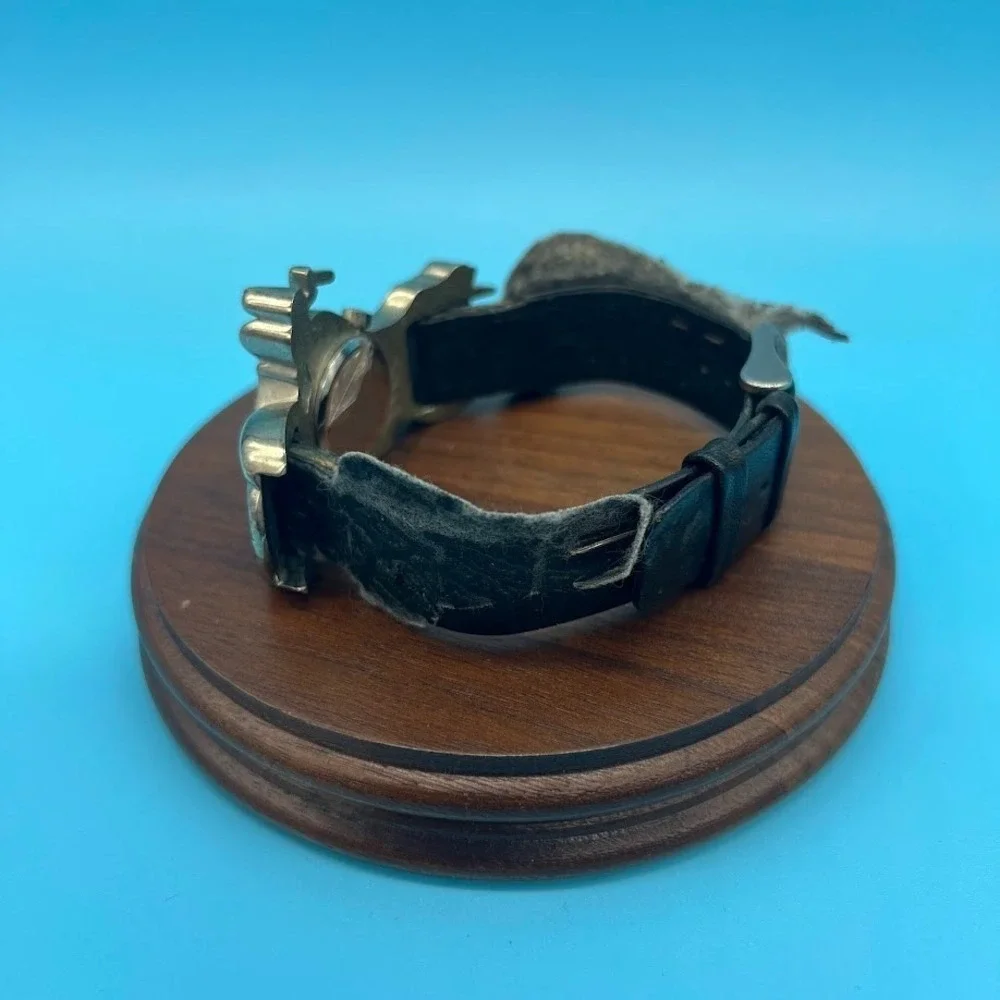 ZZY‎ ZX Motorcycle Watch Silver Tone Black Genuine Leather Band Rare Wristwatch